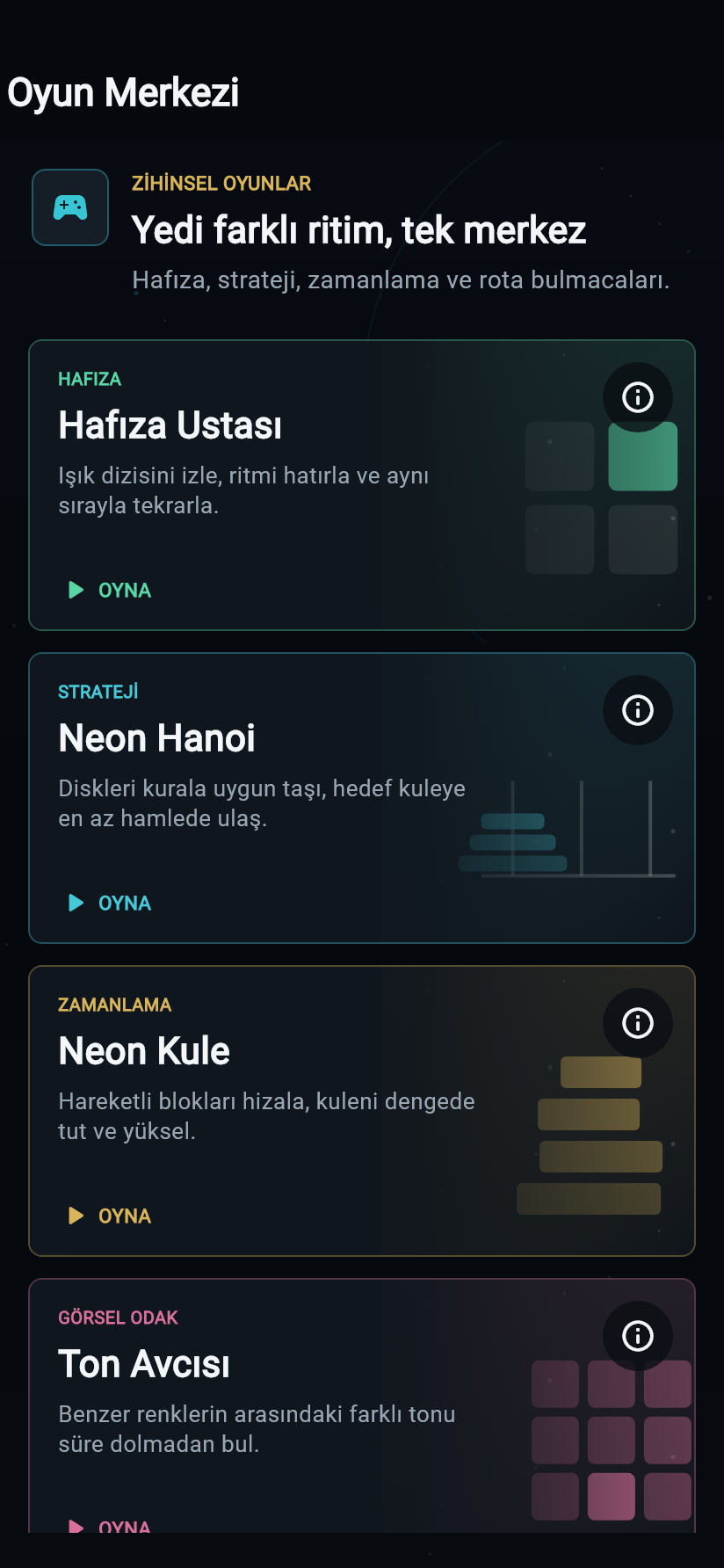 Android Oyun Merkezi, Hafıza Ustası, Neon Hanoi ve Neon Kule